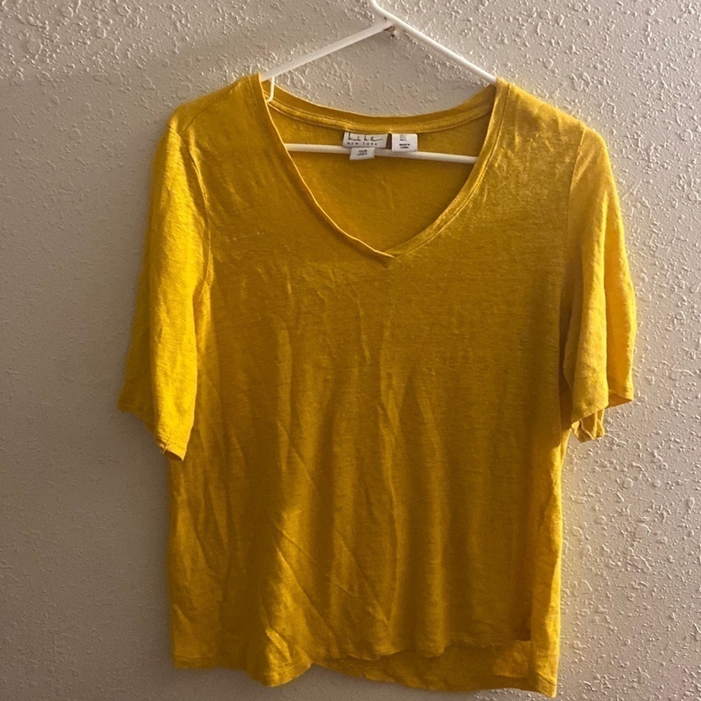 Women’s size large, Nicole miller, 100% linen, mustard, color, shirt  p1